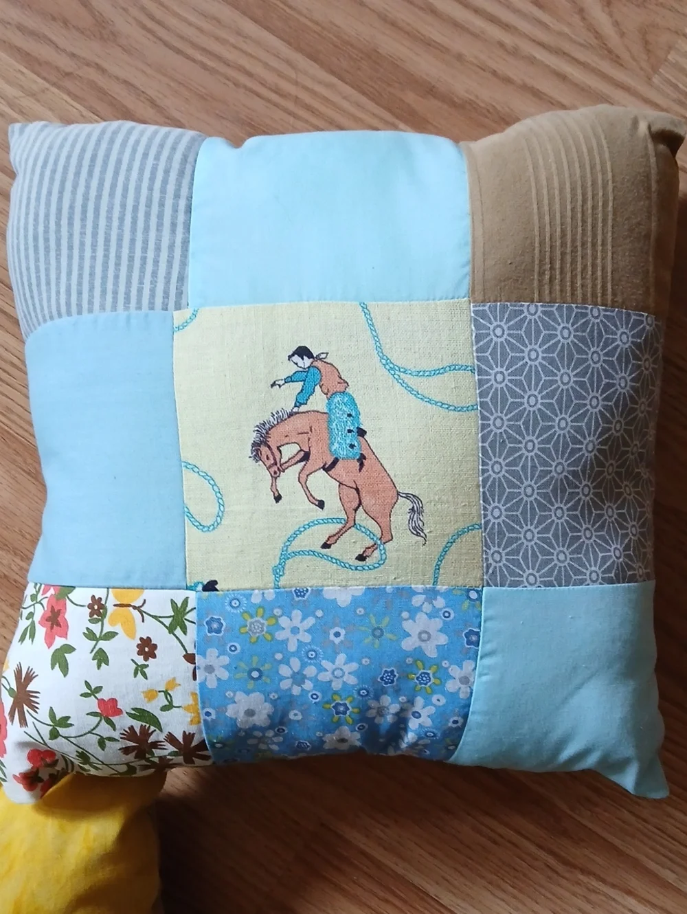 Patchwork Cowboy Print Holiday Throw Pillow - Blue, Brown, Yellow